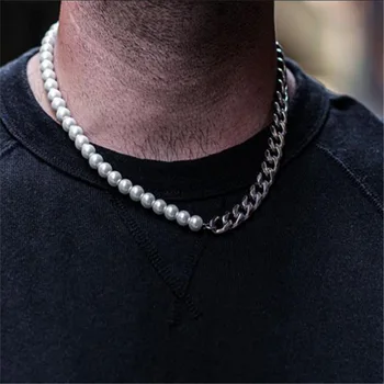 Splicing titanium stainless steel vintage hip hop punk men women high quality cuban link pearl chain bracelet necklace