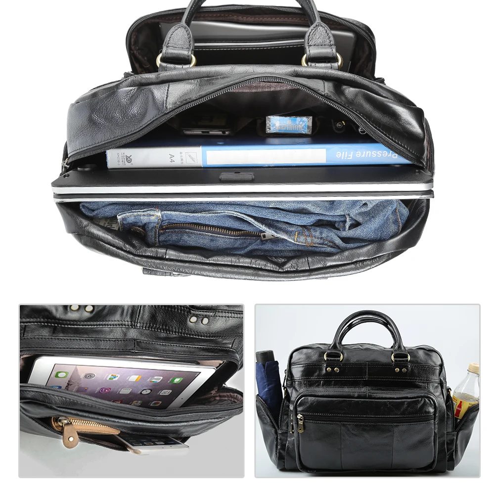TIDING Factory Wholesale Custom Black Large Capacity Travel Tote Genuine Real Leather Laptop Briefcase Bag for Men
