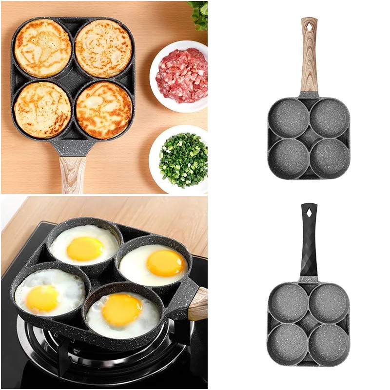 1pc Four-hole Fried Egg Pot, Household Non-stick Fry Pan For Egg, Non Stick  Ham Pancake Maker, Egg Burger Pan With Wooden Handle