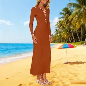 Women's Long Sleeve Contrast Design Sweater Dress 2026 Fall V Neck Ribbed Knit Casual Formal Cocktail Bodycon Maxi Dresses