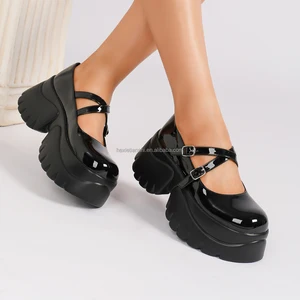 3726-2 Women's Trendy Shoes with Round Toe Black Fashionable Thick Soled Platform Height Increasing Feature