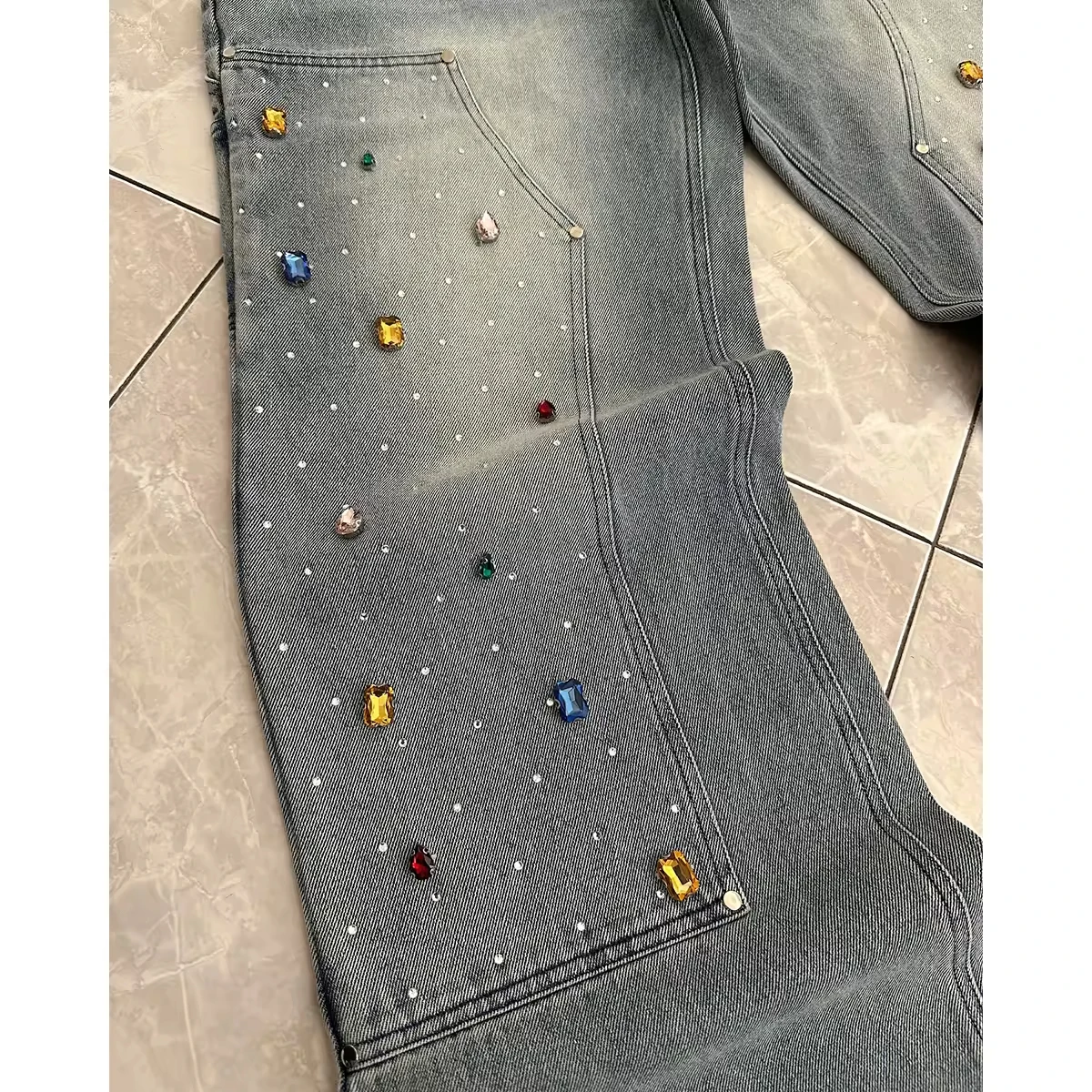 SALATI Distressed Straight Acid Wash Baggy Cargo Jeans Unisex Wide Leg Pants Rhinestone Double Knee Denim Carpenter Pants Men gallery 3