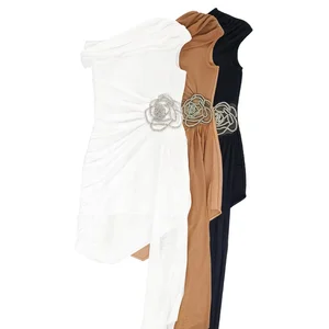 2026 Spring Summer Black Slant Shoulder Flower With Diamonds Dress Premium Feeling Birthday Party Mini Dresses