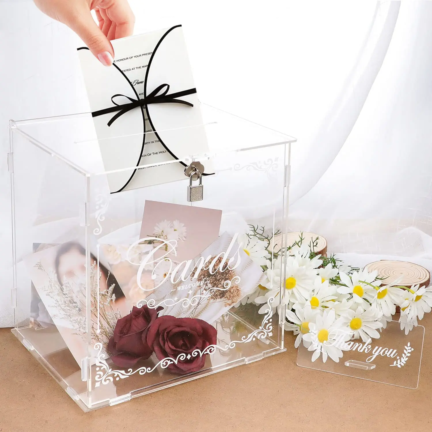 JupDec Clear Wedding Card Box Acrylic for Reception with Slot, 10 x 10 x 6 Large Advice Gift Envelope Holder, Elegant Hone