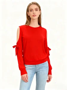 Women's Spring/Autumn Knitted Soft Stretch High Quality Trendy Glam Elegant Stylish Cold Shoulder Tie - Detail Long Sleeve Top