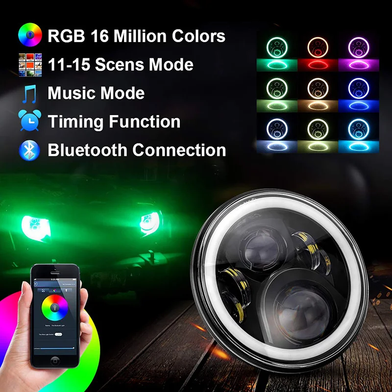 7 inch projector headlight led rgb halo rings App control round 50W hi-lo beam H4 H13 DRL turn signal lamp IP68 E9 DOT approved