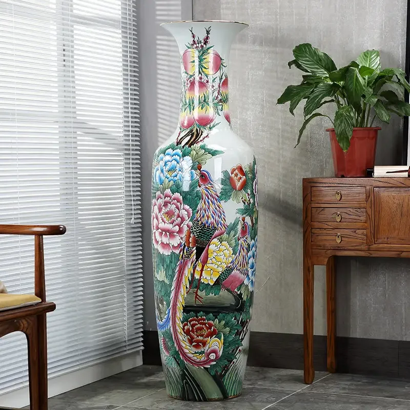 大型中国手描き花鳥模様の陶器フロアベース 1m 高