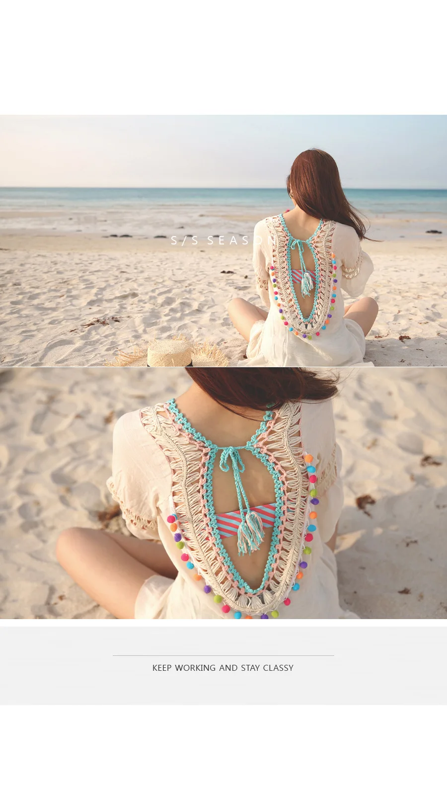 帕雷钩针比基尼罩衫上衣女性性感露背沙滩装波西米亚沙滩装针织固体