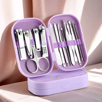 14-Piece Stainless Steel Manicure & Pedicure Kit with Modern Style Concave Edge Clippers & Grooming Tools, Includes Portable