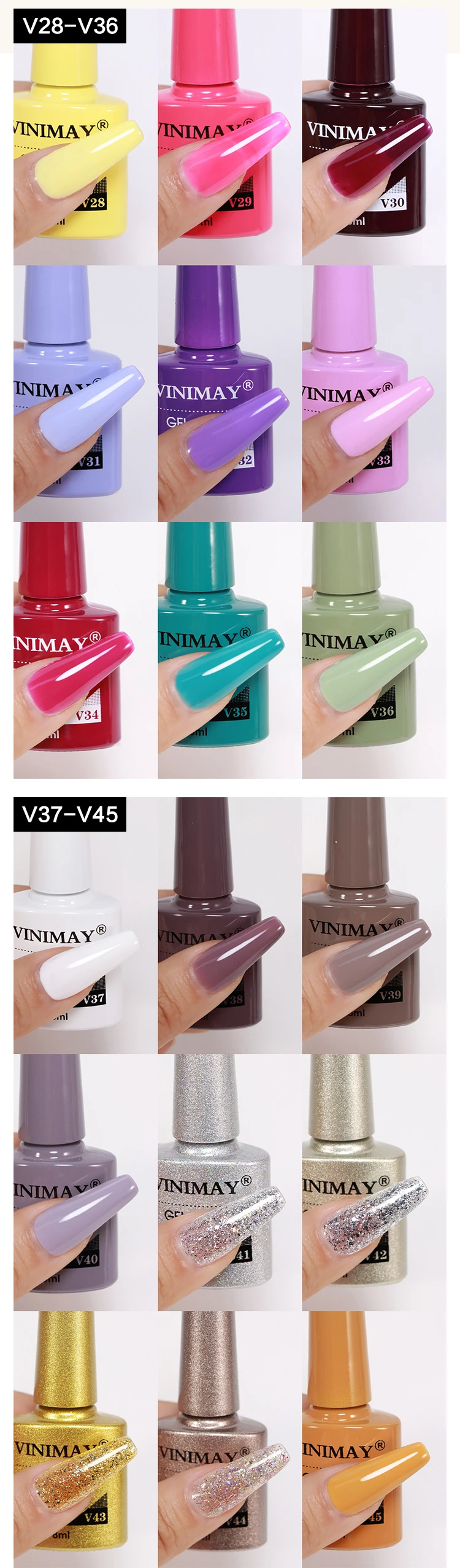 Vinimay 60-Color UV Gel Nail Polish Set Wholesale Soak Nail Polish Bottle Packaging Top Model Free Sample MSDS Certificate Art manufacture