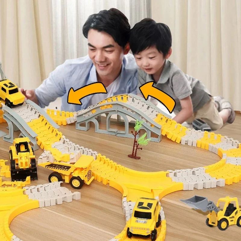 Circuit De Course 255 Pièces – Véhicules De Chantier, Pistes Flexibles, Ponts – Cadeau STEM 2-6 Ans