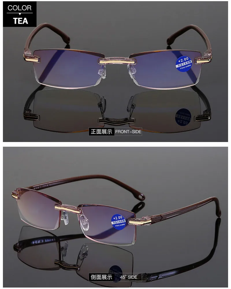 2020 new Anti Blue Light Blocking Rimless Reading Glasses Women Men Square Frameless Presbyopic Glasses Diopters +1.0 1.5 2 2.5