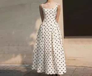 Bettergirl 2025 New French Retro Hepburn Style White Polka Dot Suspender Waist Cinching Slimming Long Dress