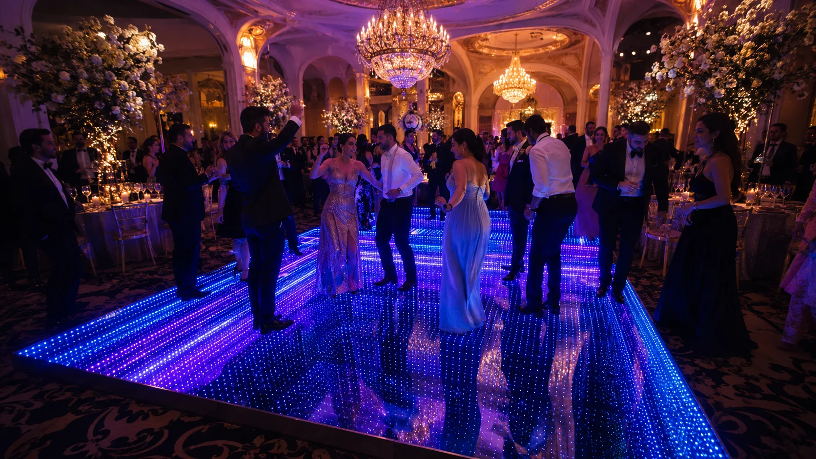 3D LED dance floor illuminating a luxury wedding reception with infinity depth effect
