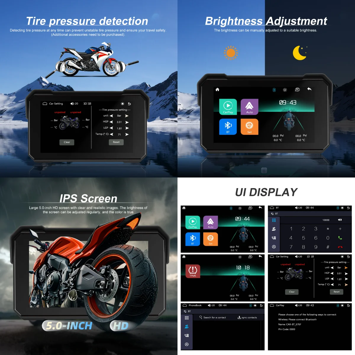 Écran GPS Moto 5 Pouces Étanche IP68 - CarPlay & Android Auto Sans Fil, Bluetooth, Navigation Portable Écran HD