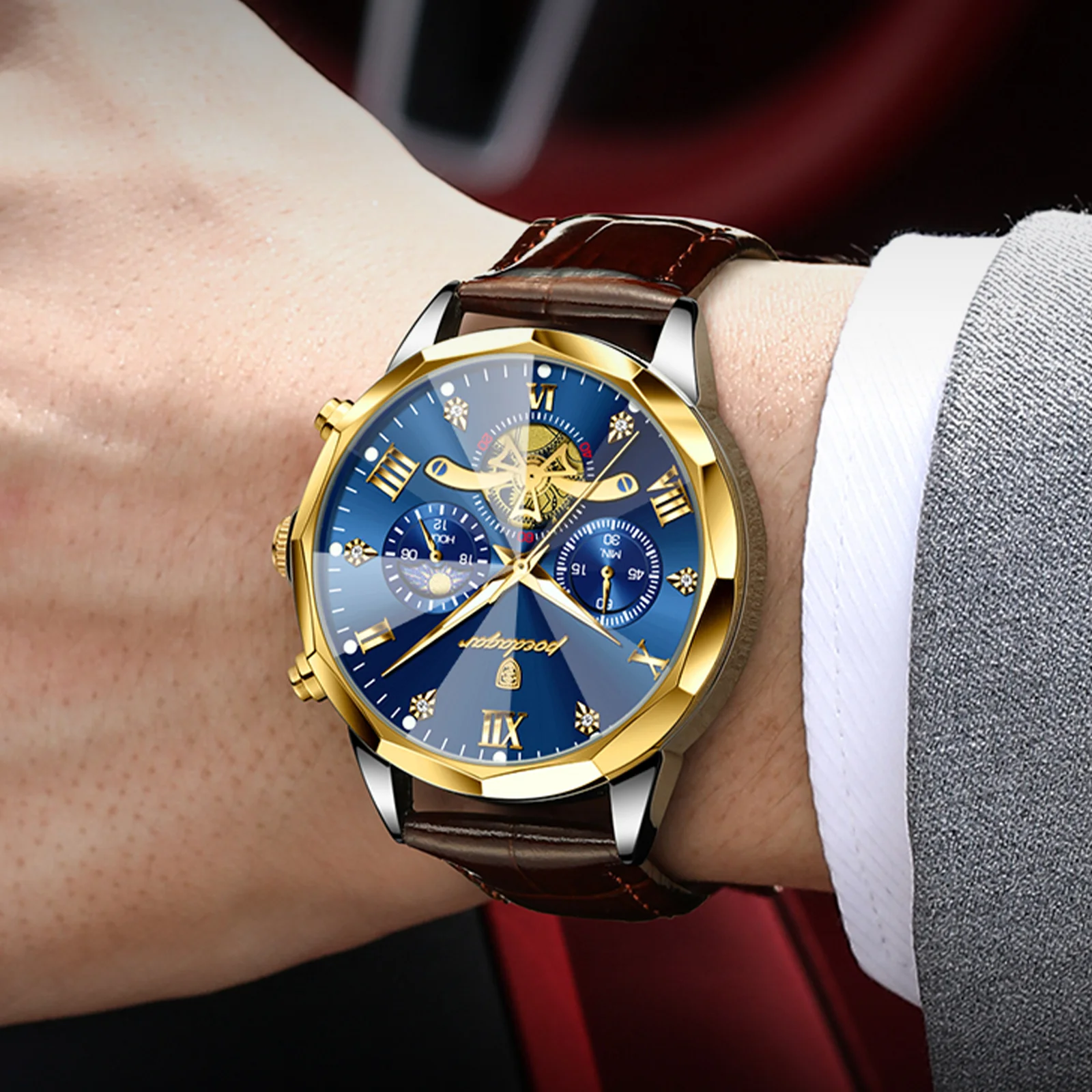 Poedagar 938 Wholesale Leather Strap Watch for Men Quartz Movement Waterproof Luminous C aperçu 3