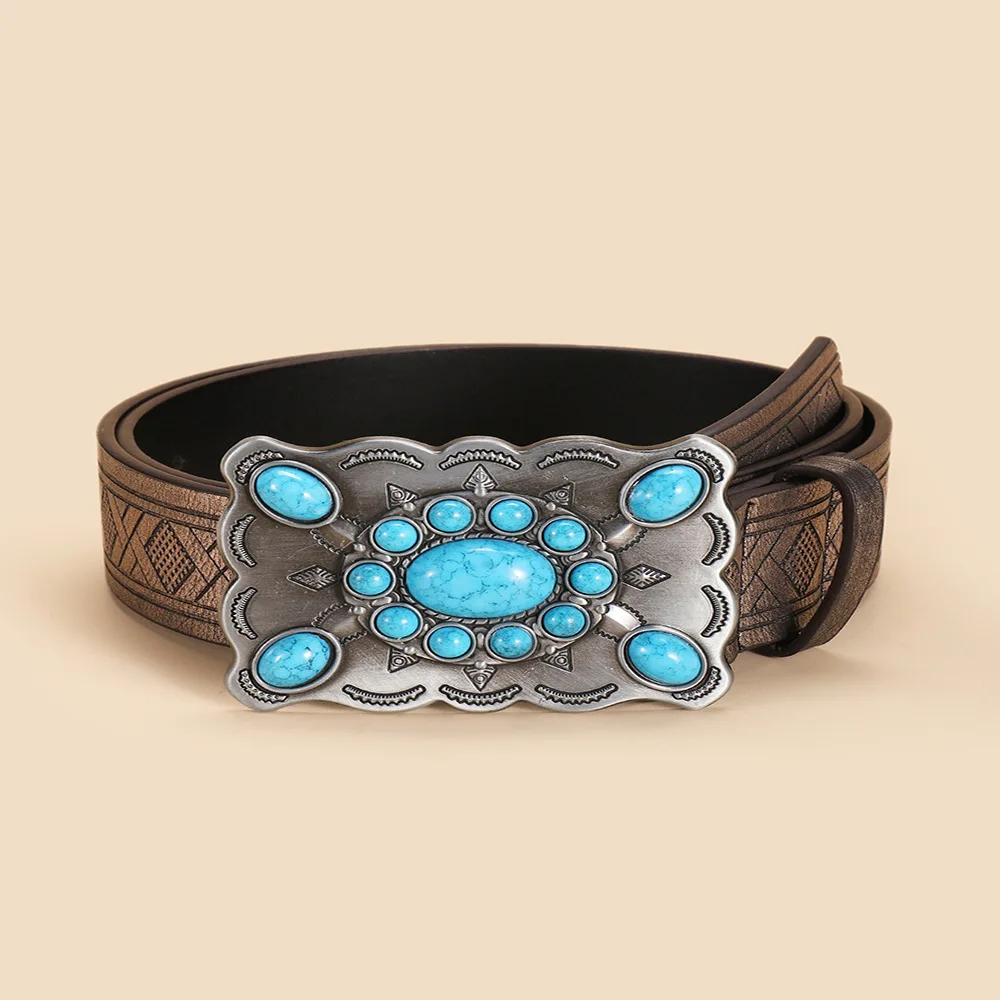 Новый стиль 2024 богемная искусственная кожа панк с двойной пряжкой зеленый бирюзовый ремень