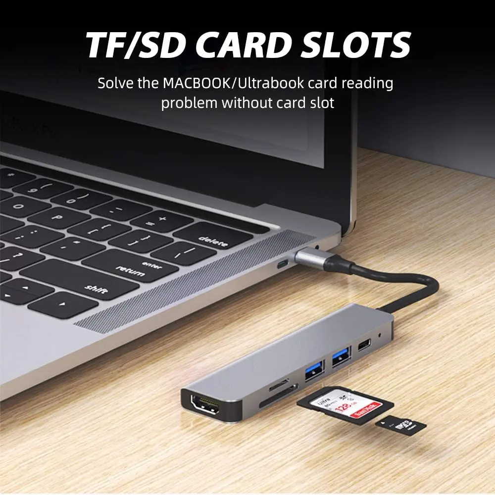 6 in 1 Type C USB C Hub 3.0 to HDMI Adapter 4K Video USB3.0 SD/TF Card Reader For PC Laptops