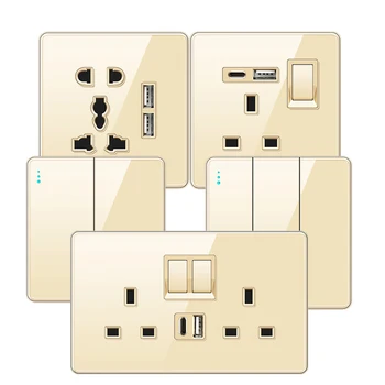 Uk 13A wall charging power switch with 2 usb wall outlet, Golden glass socket panel high quality double socket three-hole