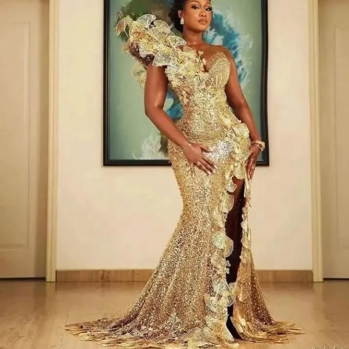 Customized Gold Plus Size Aso Ebi Mermaid Dresses for Black Women -  Sequined Lace Side Split Birthday Party Gowns