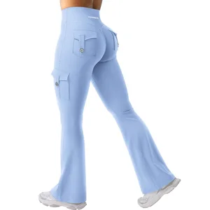 High Waist Flared Cargo Leggings - Multi-Pocket Button Detail 4-Way Stretch Women Fitness Pants