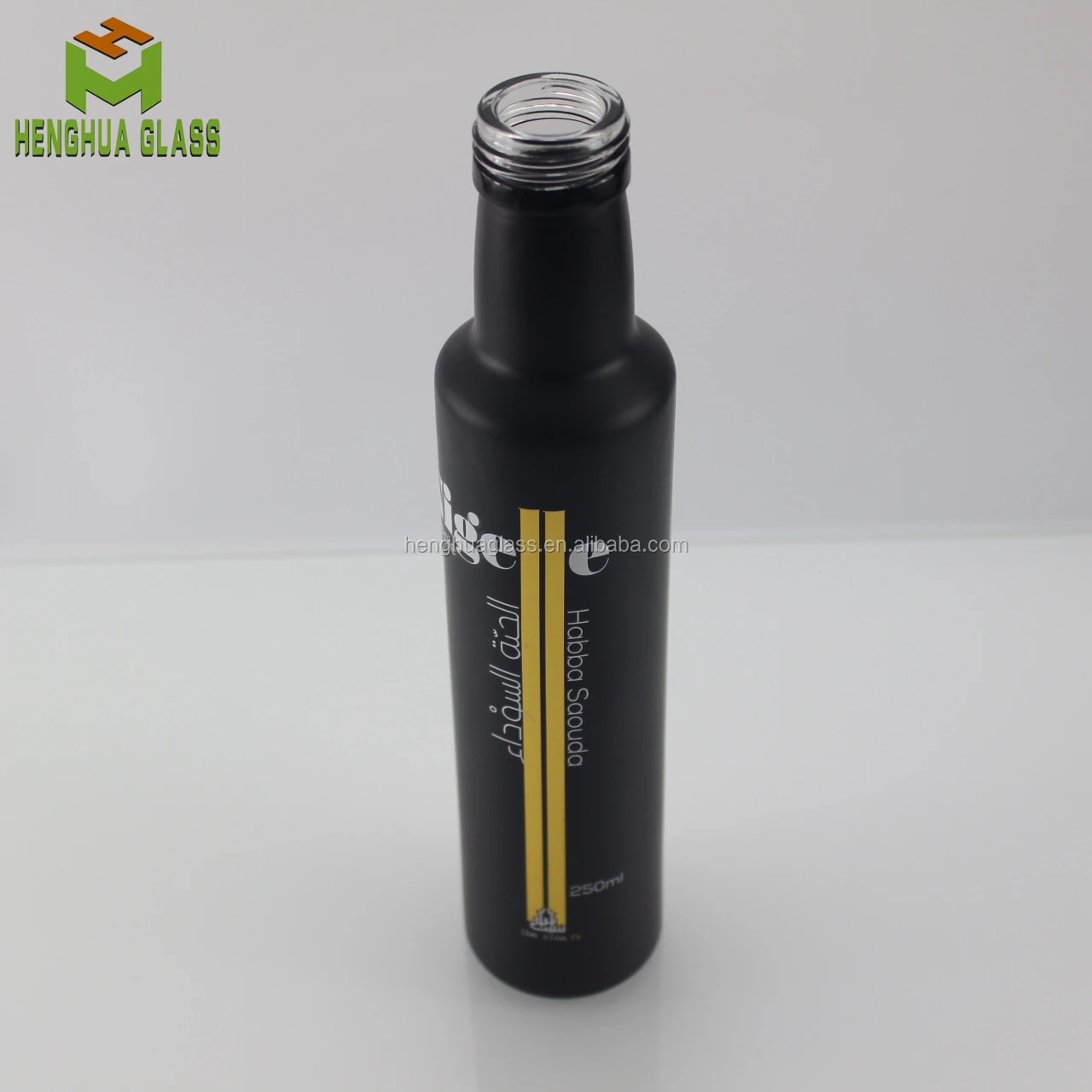 Custom logo 250ml Frosted Matt Black Olive Oil Glass Bottle 25cl Round Glass Cooking Oil Bottle with Black Plastic Cap