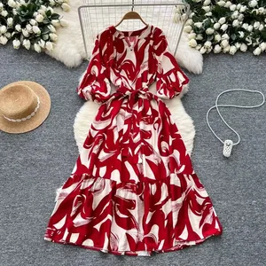 Fashion V Neck Flare Neck Sashes Lim Waist Print Midi Dress Women's Casual Dress