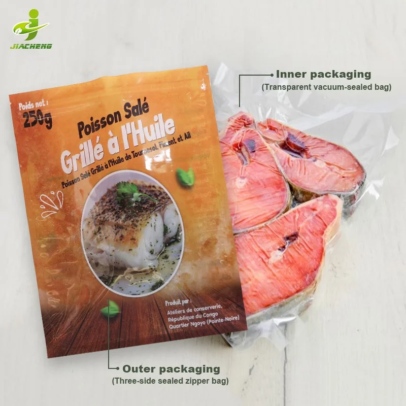 Custom Print Frozen Food Plastic Packing 3 Side Seal Zipper Bags Vacuum Sealed Packaging Bag for Chicken Grilled Salted Fish
