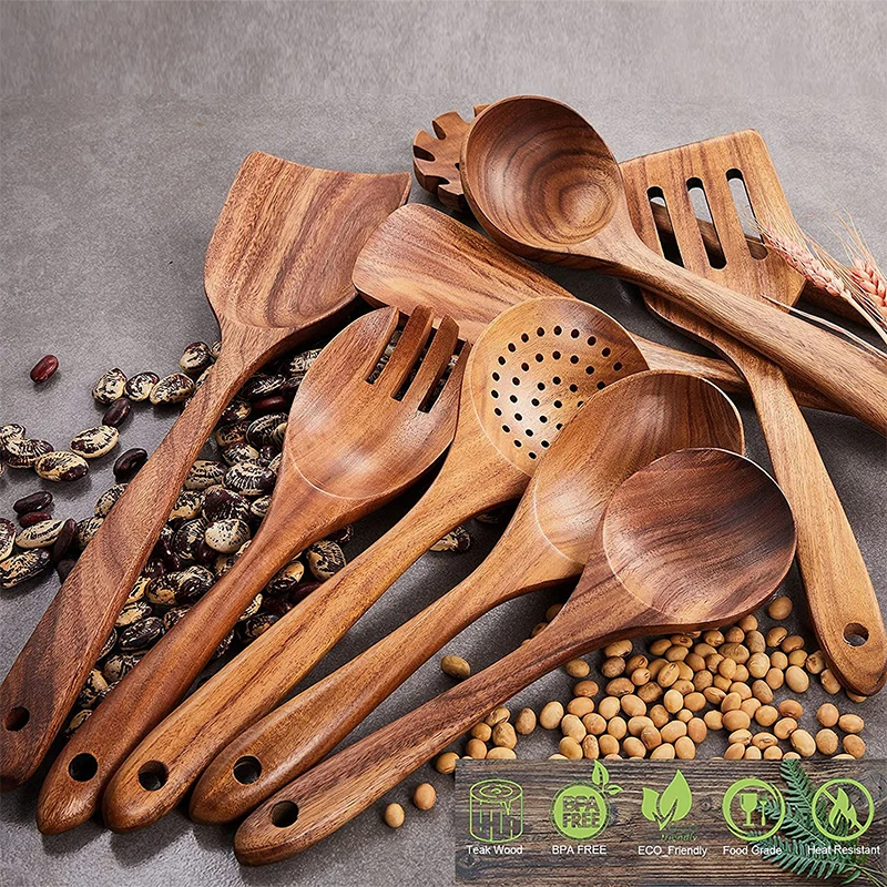 Hot Sale Durable Non Stick Kitchen Acacia Wood Cooking Tools Spoon Spatula Teak Wood Utensils