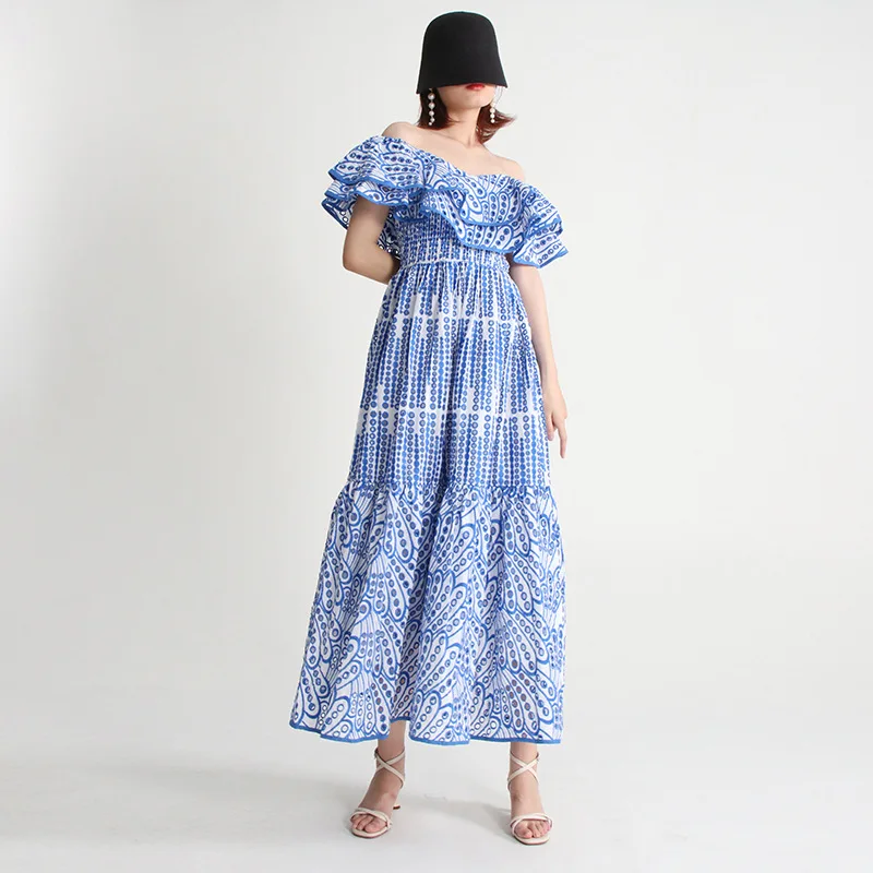 Summer Women Elegant Mexican Wholesale Ruffled Eyelet Embroidered White  Clothing Midi Dress