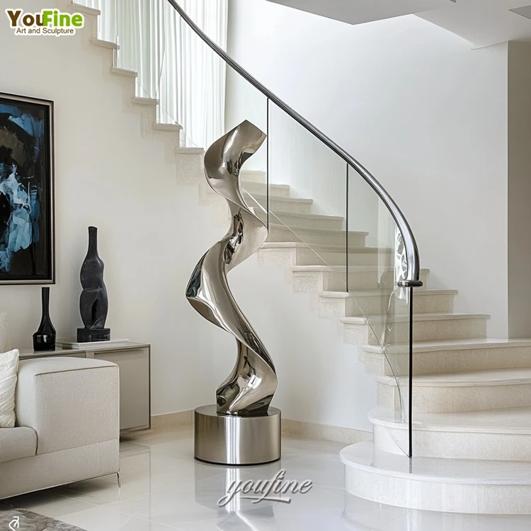 Abstract Golden Modern Abstract Twisted Sculpture Metal Stainless Steel Indoor Sculpture