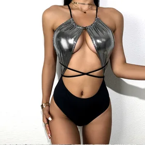 Women's Sexy One-Piece Gold Foil Nylon Splicing Cross-Border Bikini Solid Pattern Bandeau Bra