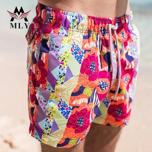 New Printed Swim Trunks Workout Shorts Men 2 in 1 Quick Dry Beachwear Swimsuit Men