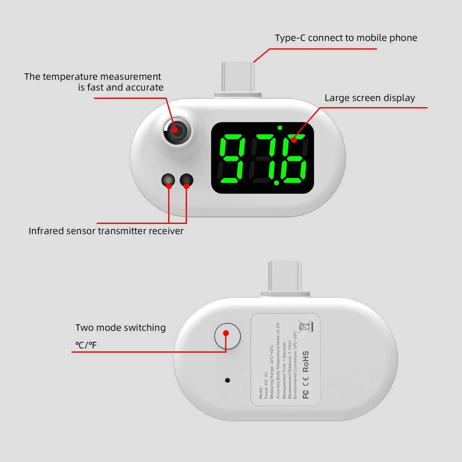 Automatic Portable Mini Smart Mobile Phone Usb Body Thermometer Temperature Meter Cell Phone Thermometer Measurement