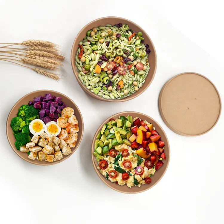 Dayu Custom Eco-friendly 1000ml Single Wall Disposable Brown Kraft Paper Soup Stews Containers Salad Packaging Paper Bowl
