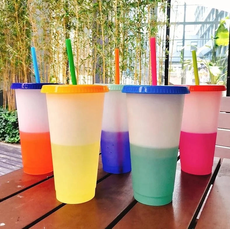 Многоразовые Волшебные стаканы для холодного питья 24 унции с крышкой и соломинкой Меняющие цвет чашки Меняющие цвет пластиковая чашка кофейная кружка