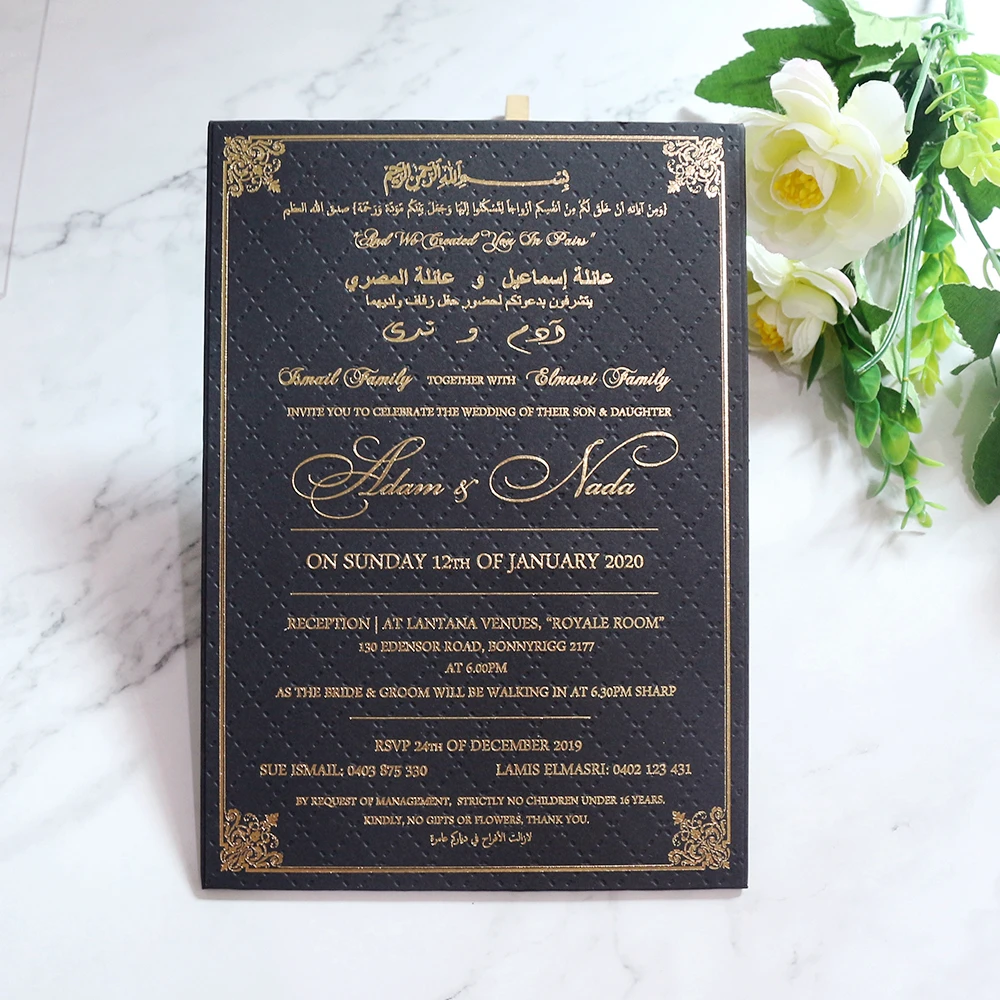 Chic Paper Board Invitation Pocket Style Black Wedding Invitation Card With Gold Foil and Envelope