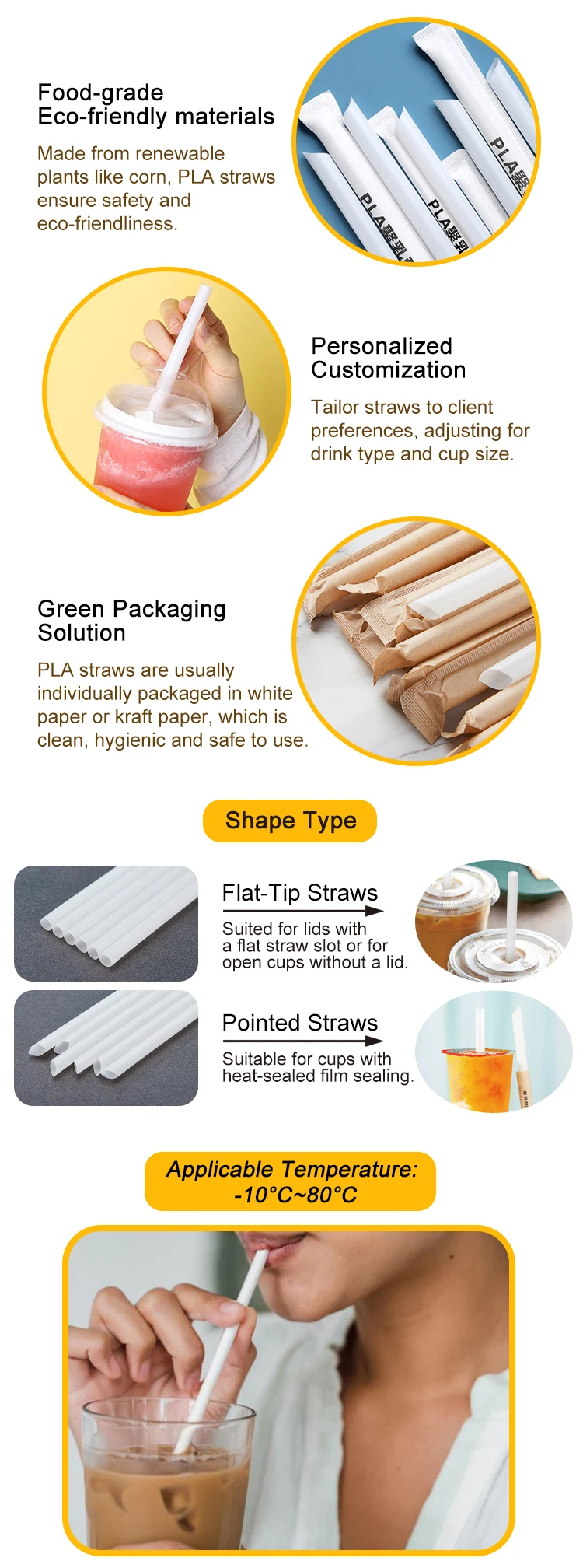 Eco Friendly Custom Clor 6 8 12Mm Disposable PLA Drinking Plastic Straws Iced Drink PLA Straw Individually Wrapped Biodegradable factory