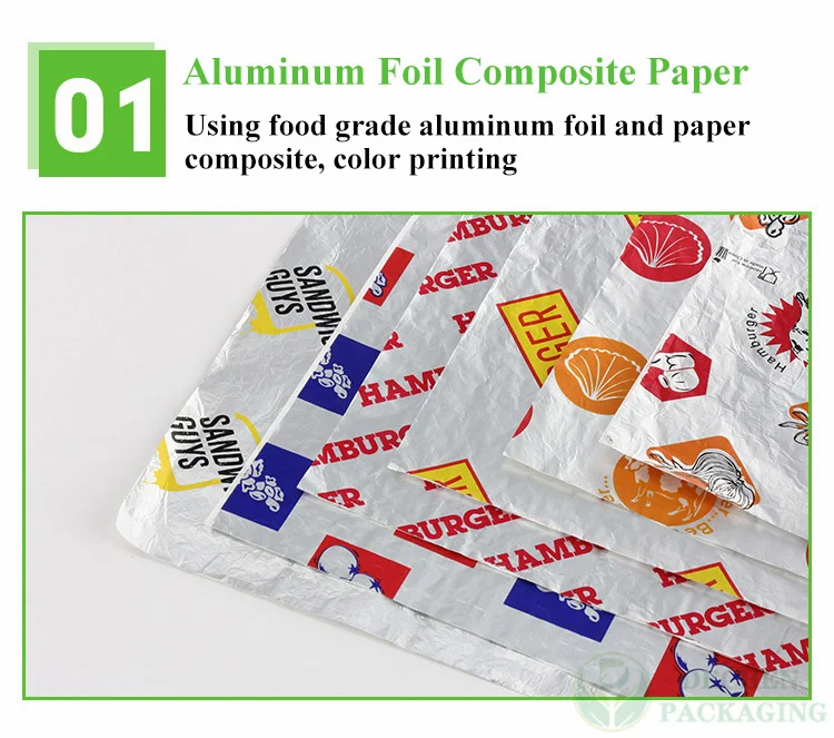 Papel sándwich de papel de aluminio, papel de embalaje de hamburguesa, papel de aluminio