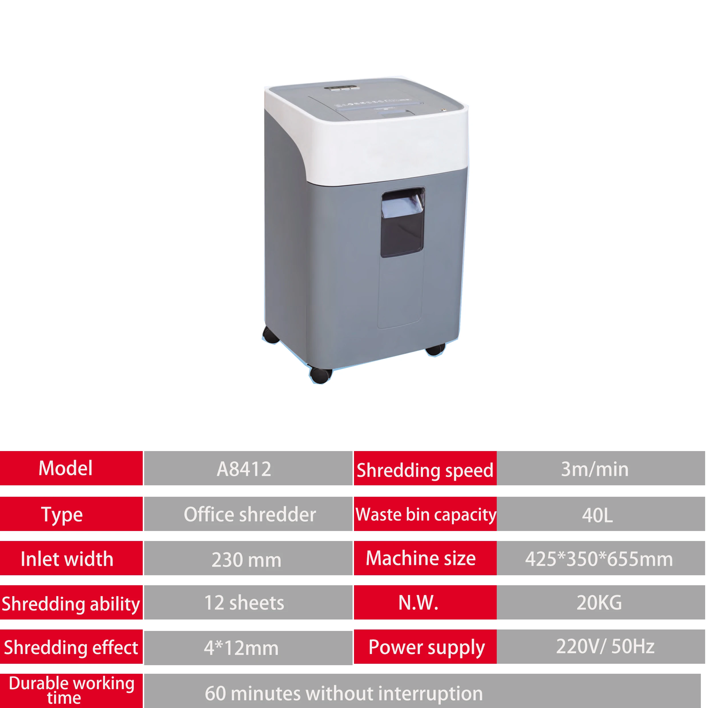 Shreader Tabletop A8412) Table-top Heavy Duty 40l Capacity 4*12mm Electric Paper Shredder ...