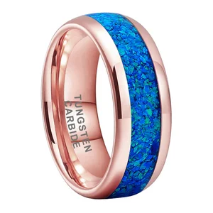 Coolstyle Jewelry 8mm Blue Opal Inlay Rose Gold Tungsten Carbide Ring for Men Women Fashion Engagement Wedding Band Comfort Fit