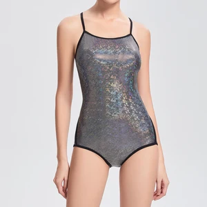 Women's Waterproof One Piece Fitness Sports Bikini Shiny Swimsuit with Patchwork Beachwear and Racing Features