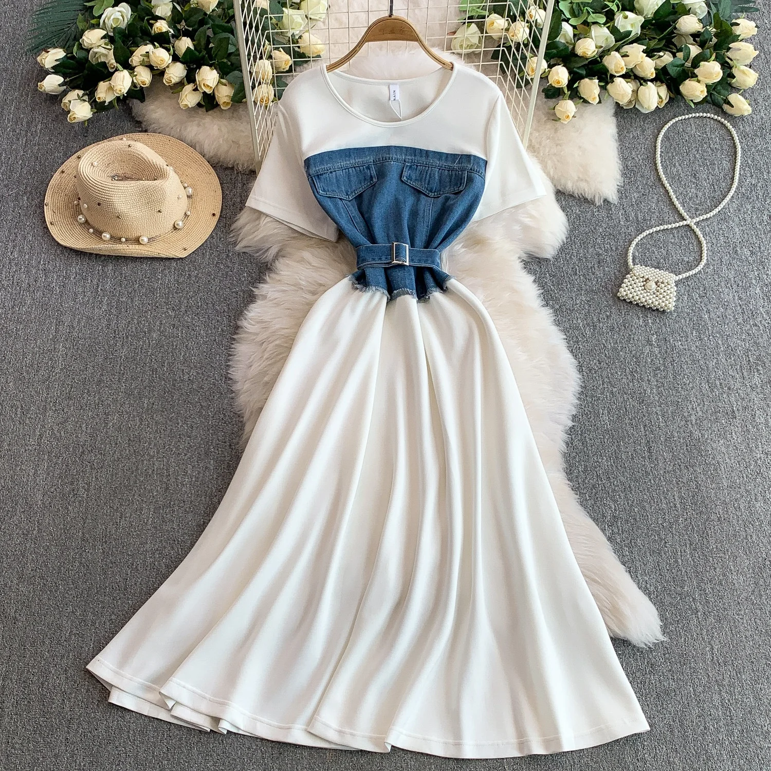 Rok Gaun Musim Panas untuk Wanita, Berbahan Denim Patchwork Rajutan, Lengan Pendek, Anti-statis, Berpinggang Tinggi, Membentuk Tubuh, Panjang Sedang