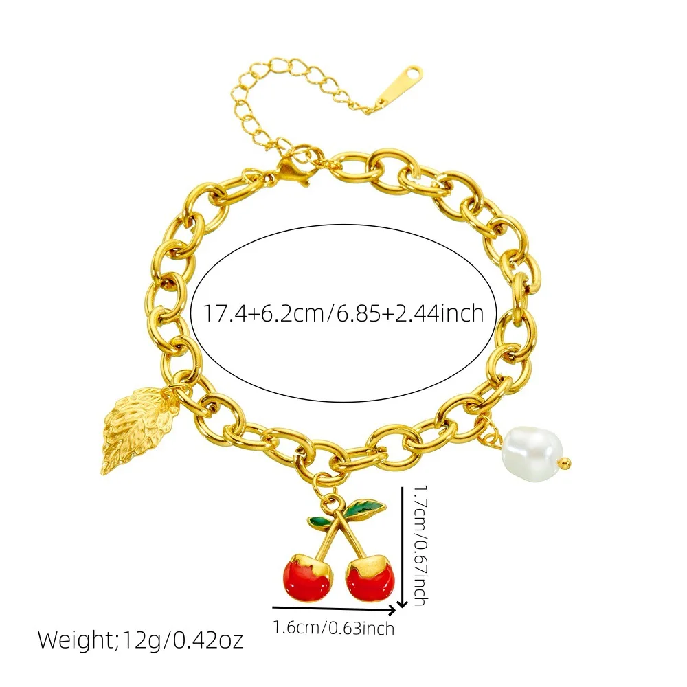 New Stainless Steel Women Cherry Charm Bracelet Tarnish Free 18k