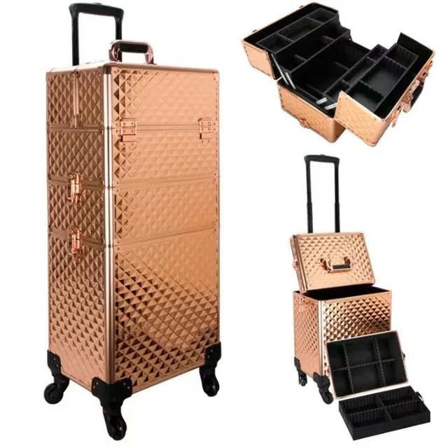 Aluminum Makeup Train Case Salon Trolley Cosmetics Hairdressing Storage Makeup Case Lockable Rolling Travel Gold 4 in 1 Durable