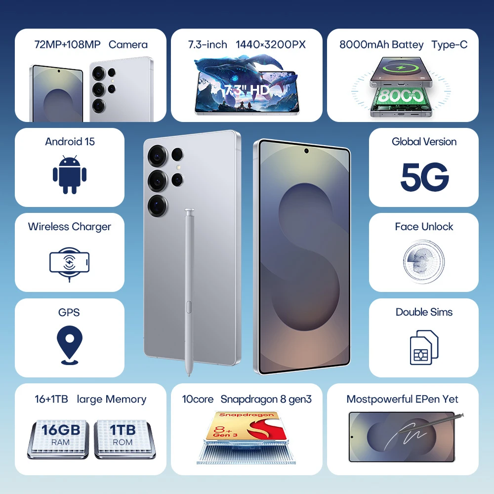 New Androsd 25 Pro Max Full-screen Smartphone 5g 7.3-snch 48MP+158MP Dual Card Face Recognstson 16GB+1TB Gamsng Telephone