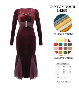 High Quality Women's Red Angora Velvet Dress Lace Trim Elegant Fishtail Evening Style for Birthday Eco-Friendly Chinoiserie