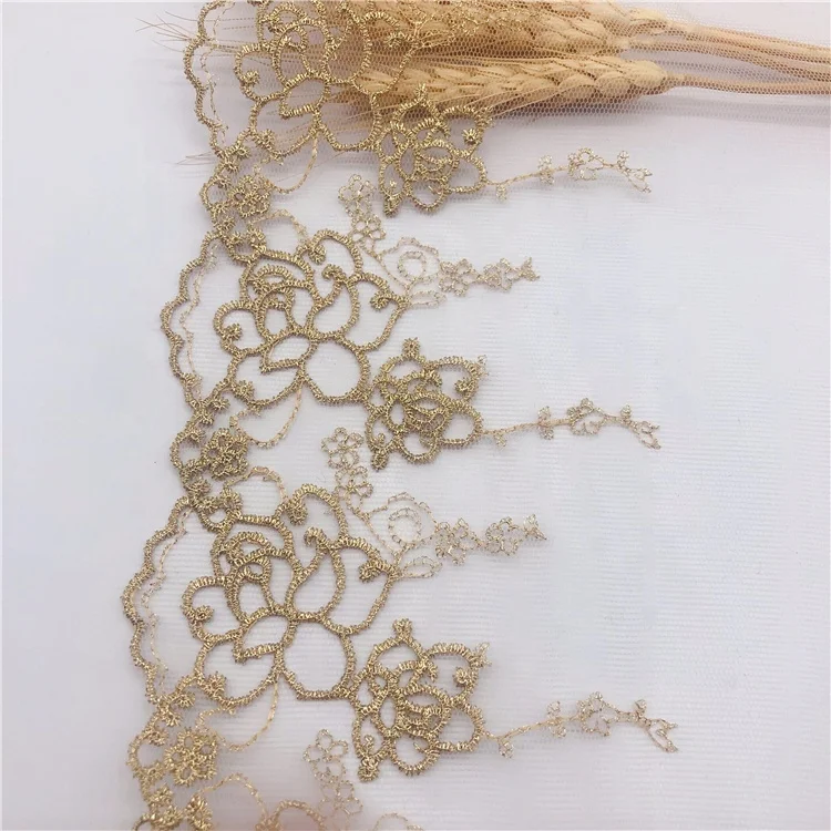 Golden Fancy Bridal Bordere Embroidery Organza Lace Trim Gauze Lace Net Roll Mesh Gold Lace Trim