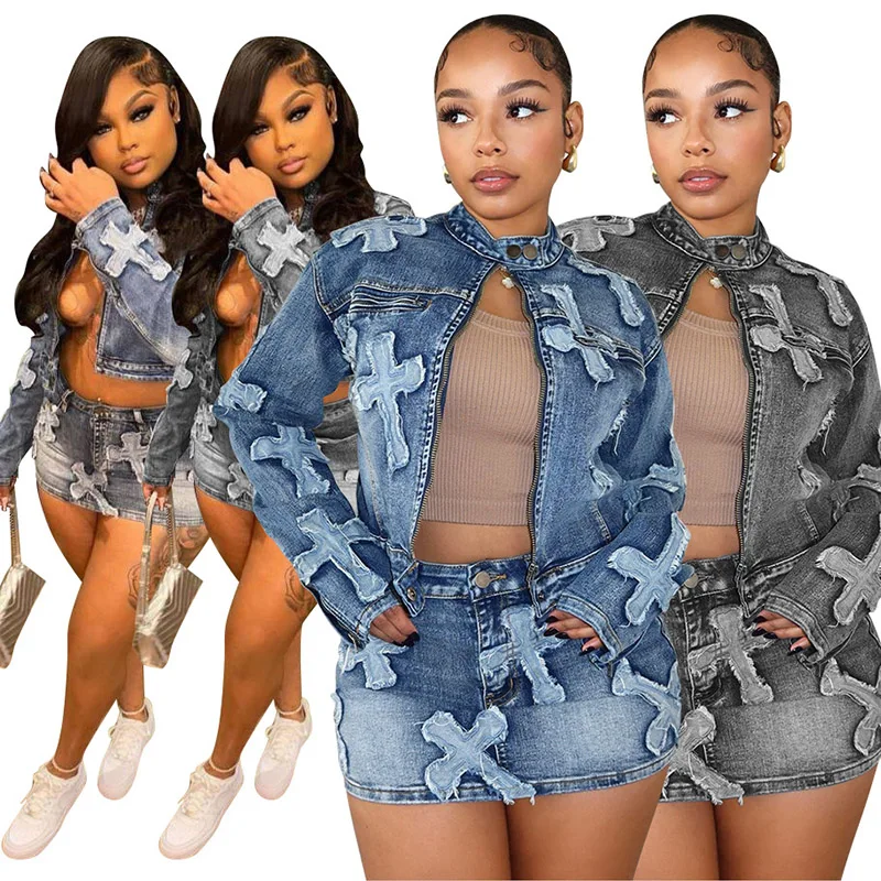 2024 Denim Two Piece Set For Women Zip Up Crop Jacket And Mini Skirt Fall Bodycon Outfits