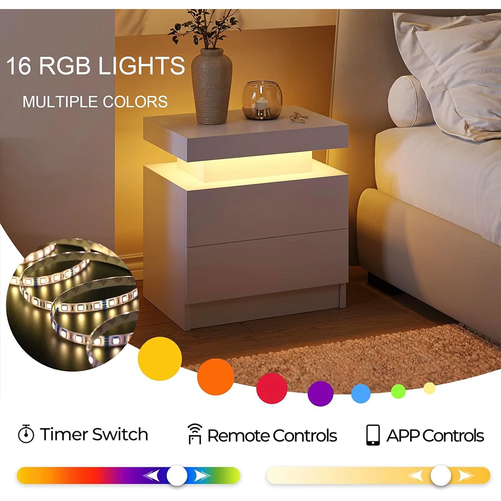 product white led modern nightstand with 2 wood drawers bedside cabinet for bedroom panel design-4